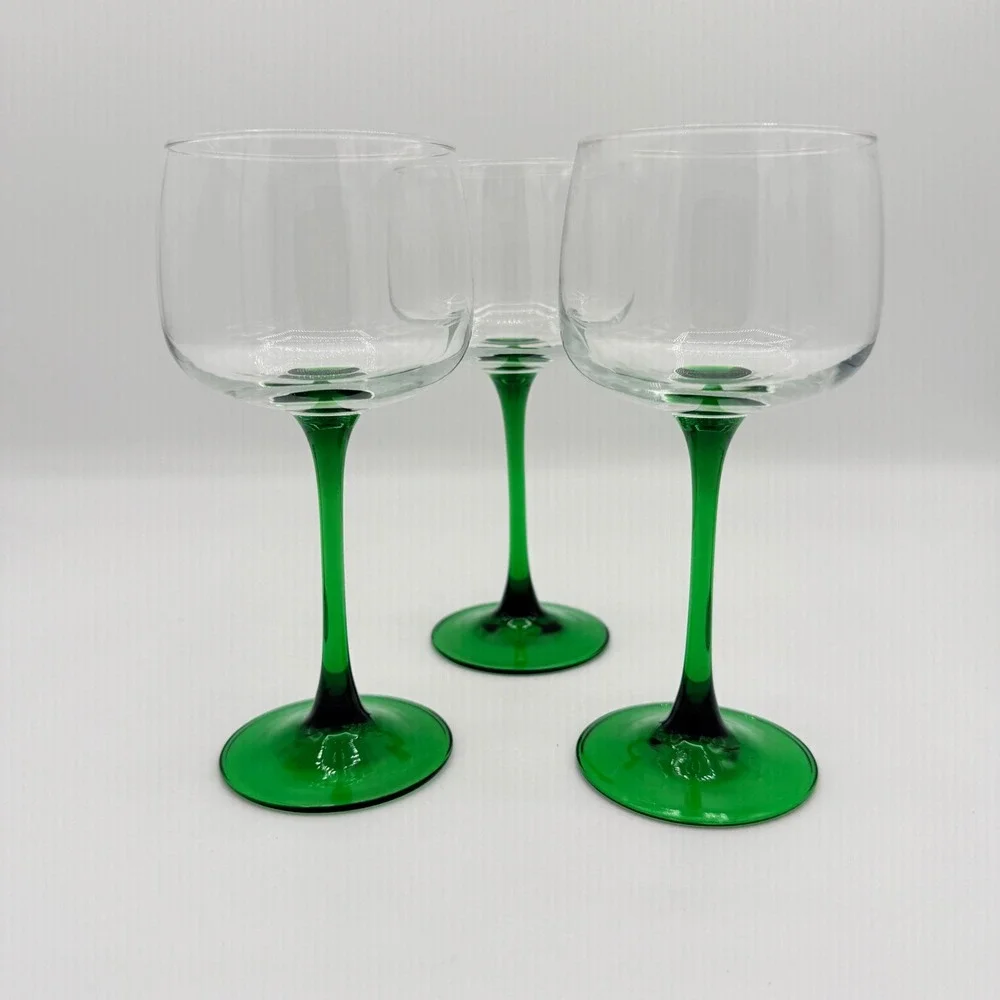 Vintage 1980s Luminarc France Emerald Green Alsace Stem Wine Glasses Set of 3